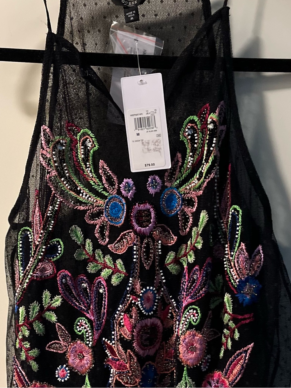 Guess Black Strapless Mesh Dress with Multicolor Floral Embroidery
